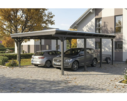 Double carport en bois avec deux voitures garées et une remorque