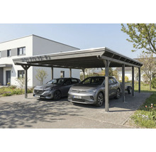 Double carport en bois avec deux voitures et une remorque