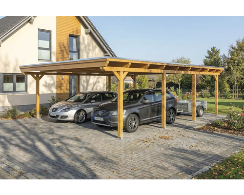 Double carport en bois avec deux voitures et une remorque