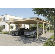 Double carport en bois avec deux voitures garées