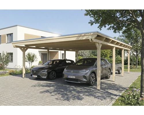 Double carport en bois avec deux voitures garées