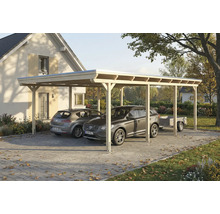 Double carport en bois avec deux voitures garées et une remorque