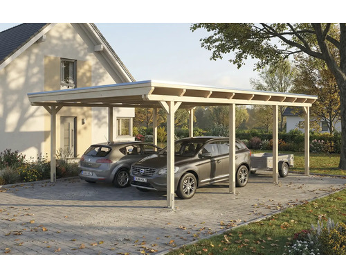 Double carport en bois avec deux voitures garées et une remorque