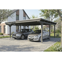 Abri de voiture double en bois avec deux voitures garées dans une cour