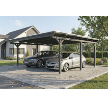 Double abri de voiture en bois avec deux voitures garées