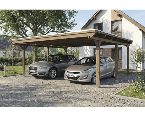 Double carport en bois avec deux voitures garées devant une maison