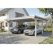 Double carport en bois avec deux voitures garées devant une maison