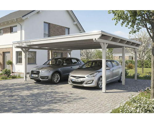 Double carport en bois avec deux voitures garées devant une maison