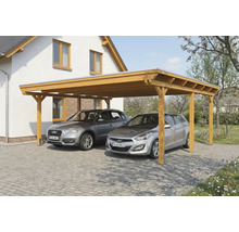 Double carport en bois avec deux voitures garées