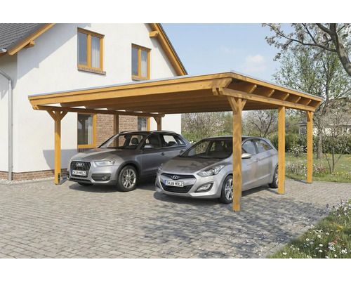 Double carport en bois avec deux voitures garées