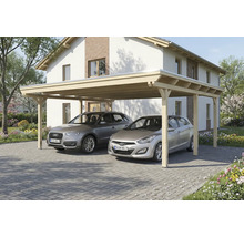 Abri double en bois avec deux voitures devant une maison