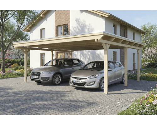 Abri double en bois avec deux voitures devant une maison
