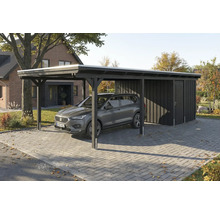 Carport en bois avec local de rangement et voiture garée