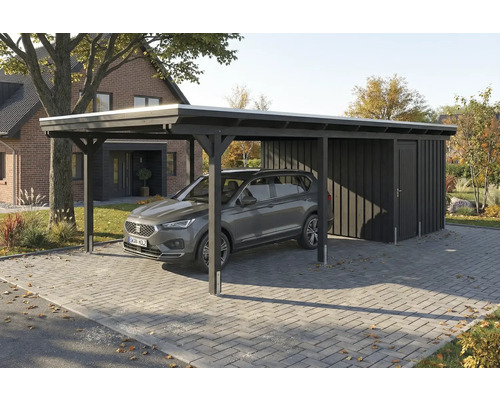 Carport en bois avec local de rangement et voiture garée