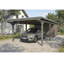 Abri de voiture en bois avec débarras et voiture