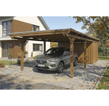 Carport en bois avec remise et voiture garée