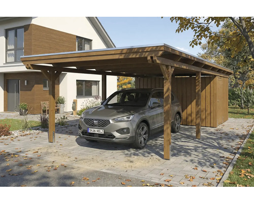 Carport en bois avec remise et voiture garée