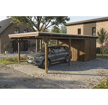 Carport en bois avec remise et voiture garée