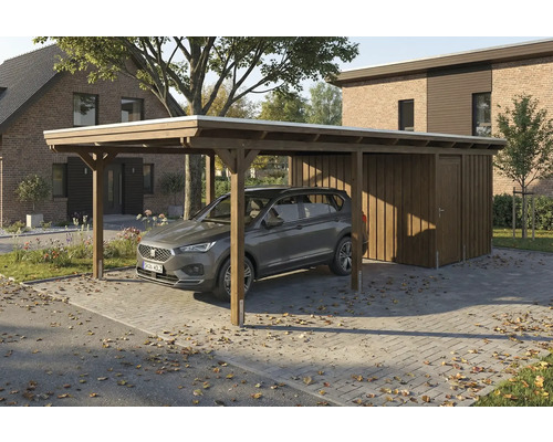 Carport en bois avec remise et voiture garée
