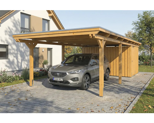 Voiture sous un abri de voiture en bois avec remise à outils