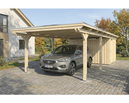 Carport en bois avec remise et une voiture en dessous