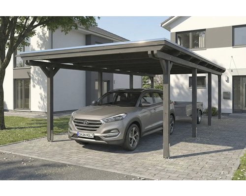 Carport en bois avec voiture et remorque