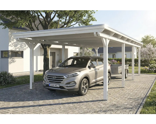 Abri de voiture en bois blanc avec voiture et remorque