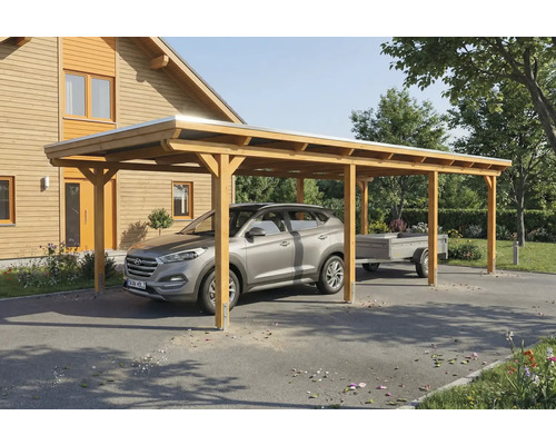 Carport en bois avec voiture et remorque devant une maison