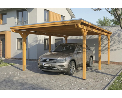 Carport en bois avec voiture dans l'allée