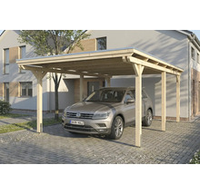 Carport en bois avec voiture sur un sol pavé