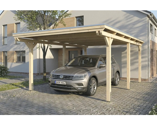Carport en bois avec voiture sur un sol pavé