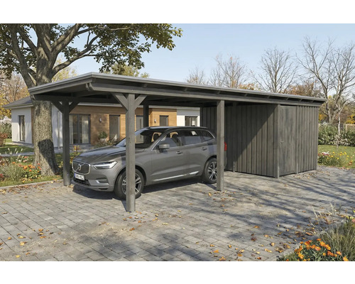Carport avec remise et voiture garée sur sol pavé