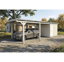 Carport en bois avec local de rangement et voiture garée