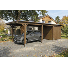 Carport en bois avec remise et voiture garée