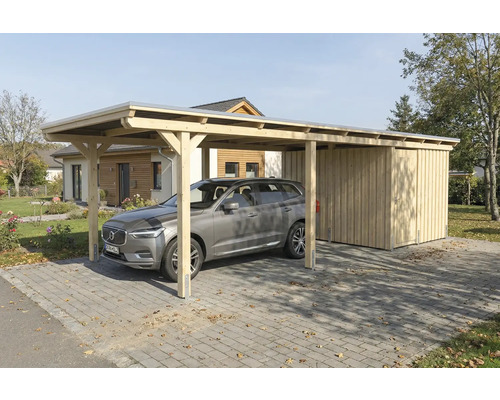 Voiture sous un carport avec remise à outils en bois