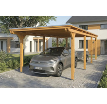 Carport en bois avec voiture et remorque