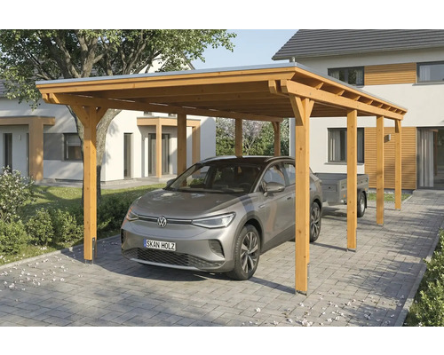Carport en bois avec voiture et remorque