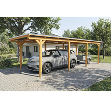 Carport en bois avec voiture et remorque dans le jardin