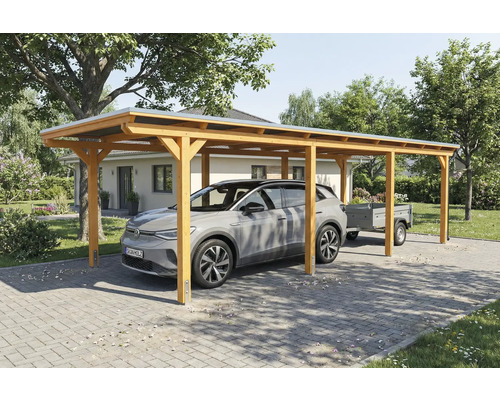 Carport en bois avec voiture et remorque dans le jardin