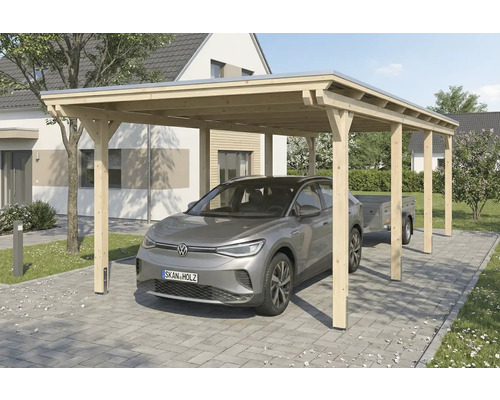 Carport en bois avec voiture et remorque