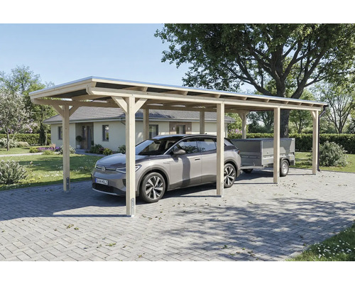 Carport en bois avec voiture et remorque