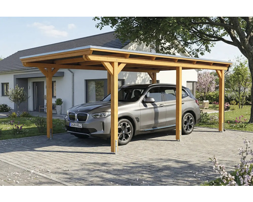Carport simple en bois avec voiture garée devant la maison