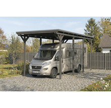 Carport en bois avec camping-car sur sol pavé