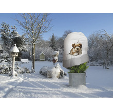 Paysage hivernal avec sac de protection des plantes à motif de chien pour la protection des plantes dans le jardin.
