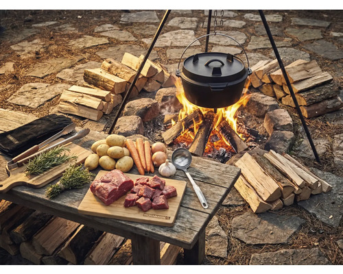 Scène avec un four hollandais au-dessus d'un feu ouvert, entouré de bois de chauffage, avec des ingrédients comme de la viande, des pommes de terre et des légumes sur une table en bois