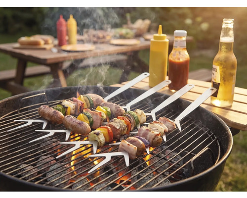 Scène de barbecue avec des brochettes grillées sur un barbecue au charbon de bois, des sauces et des boissons à l'extérieur