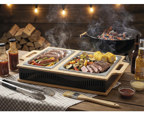 Scène avec barbecue, chauffe-plat avec des grillades, des sauces, des boissons et une pince à barbecue.