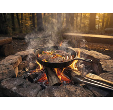 Poêle à frire sur feu ouvert avec steaks, saucisses et légumes dans la forêt