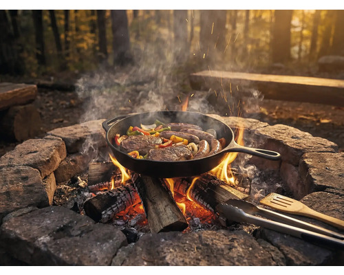 Poêle à frire sur feu ouvert avec steaks, saucisses et légumes dans la forêt
