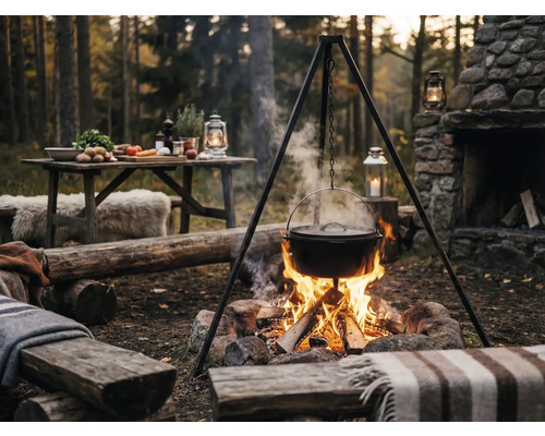 Scène d'extérieur avec trépied, marmite au-dessus d'un feu de camp et table avec ingrédients